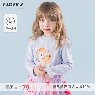 ILOVEJ韩国童装2026春新款韩系少女小鹿T恤衫女童长袖纯棉JYSTO19