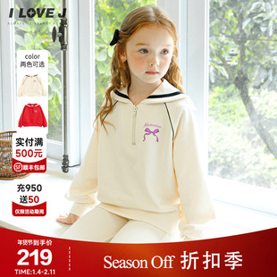 ILOVEJ童装秋季女童半拉链卫衣水手领蝴蝶结上衣/JWFTO15