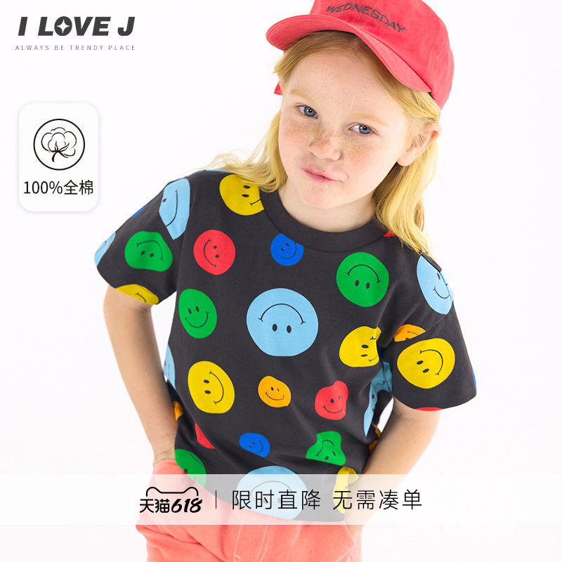 ILOVEJ童装夏季女童纯棉T恤笑脸韩版黑色上衣短袖JWUTO29