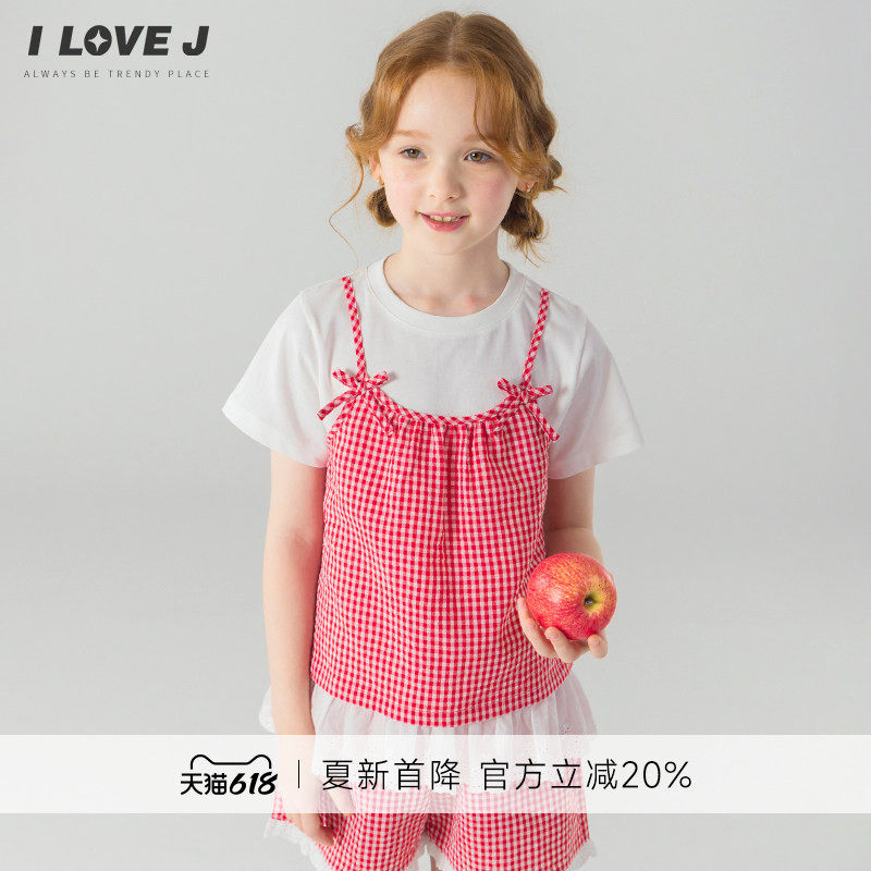 ILOVEJ韩国童装26夏新款女童格纹吊带拼接短袖假两件上衣JYUTO43