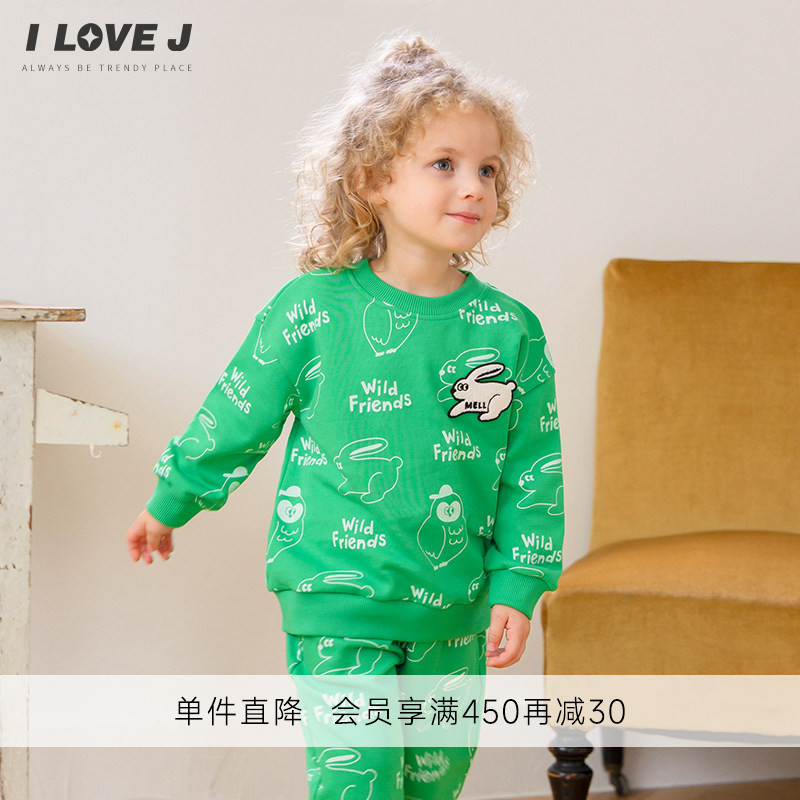 ILOVEJ女小童兔子绿色运动套装