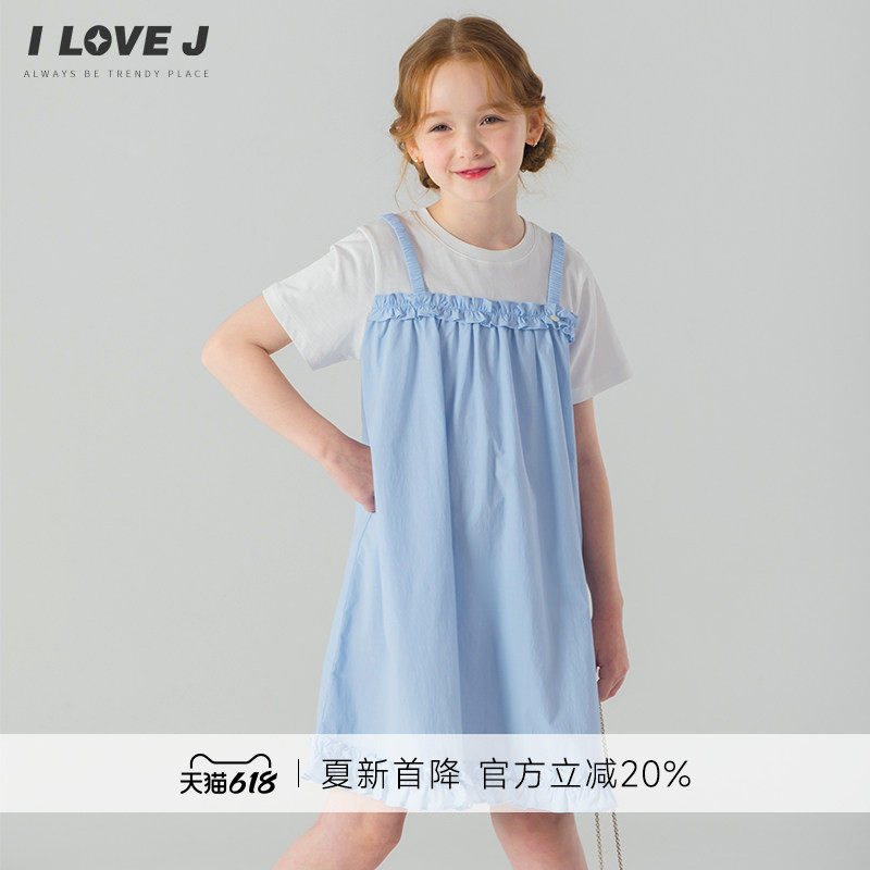 ILOVEJ韩国童装夏新款女童清新短袖连衣裙儿童假两件裙子/JYUOP03