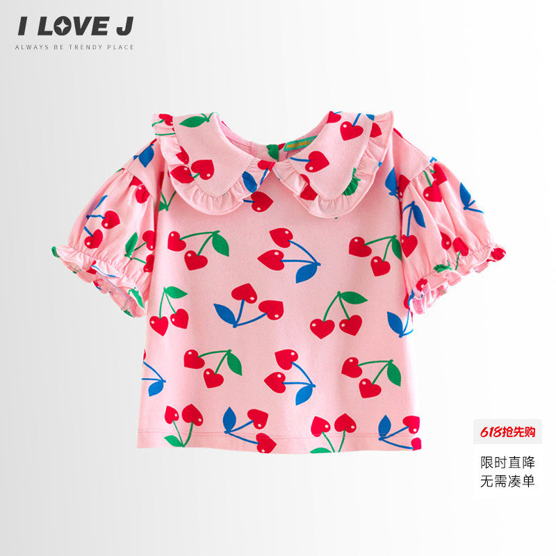 ILOVEJ童装夏季新款女童樱桃T恤荷叶领韩版短袖上衣/MWUTO01
