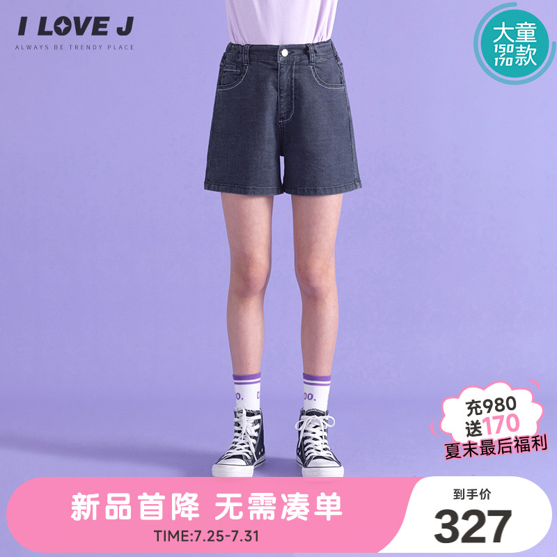 ILOVEJ童装2025夏季新款女大童黑色牛仔短裤3分裤弹力外穿GXUPT12