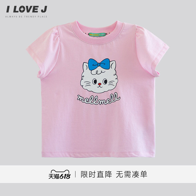 ILOVEJ韩国童装2025夏季女小童小猫印花短袖T恤荷叶边袖口MXUTO04
