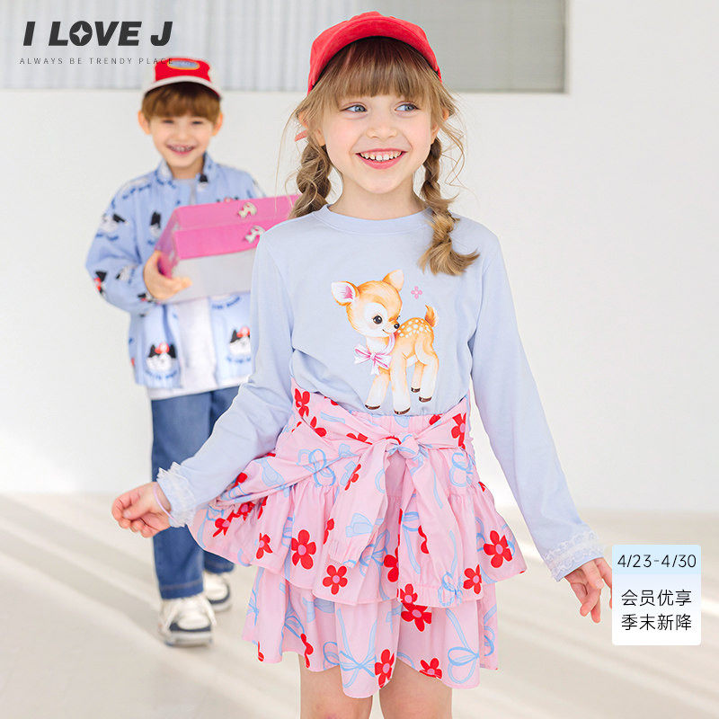 ILOVEJ韩国童装2026春新款韩系蕾丝T恤衫女童上衣长袖纯棉JYSTO19