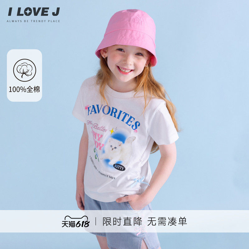 ILOVEJ韩国童装夏季女童小猫印花短袖T恤透气纯棉JXUTO02