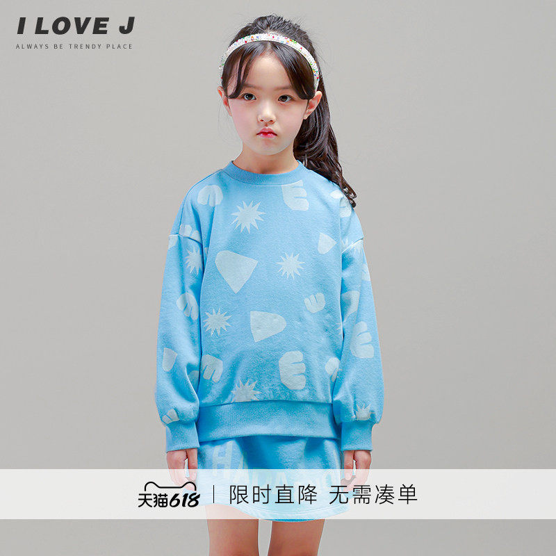 ILOVEJ童装不规则印染卫衣T恤儿童春装女童蓝色圆领上衣/JVSTO89