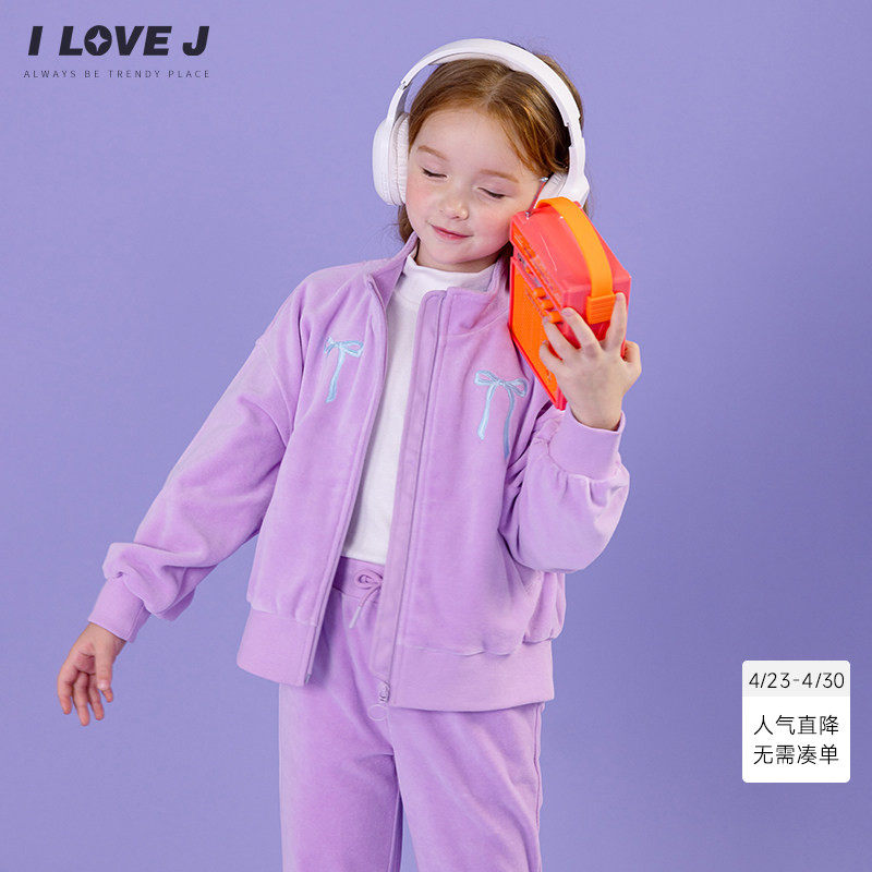 ILOVEJ童装春季女童丝绒运动外套立领蝴蝶结山谷/JWFOU06