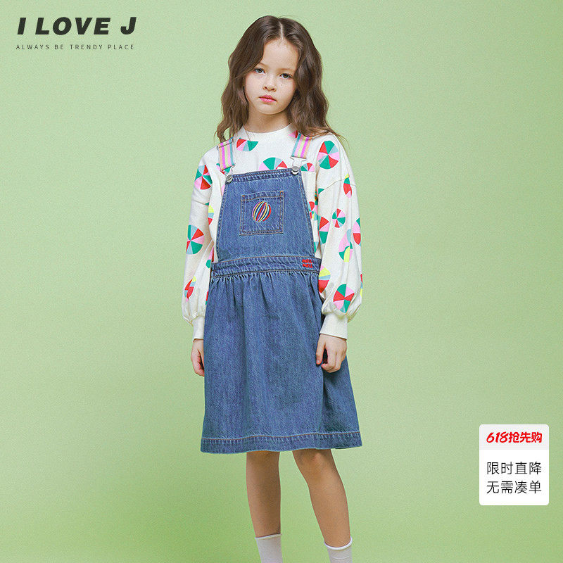 ILOVEJ童装洋气刺绣牛仔背带裙儿童春装女童吊带裙连衣裙/JVSOP42