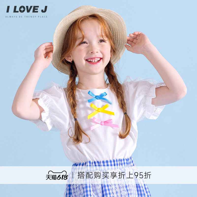ILOVEJ韩国童装夏季女童三色蝴蝶结短袖T恤泡泡袖上衣JXUTO03
