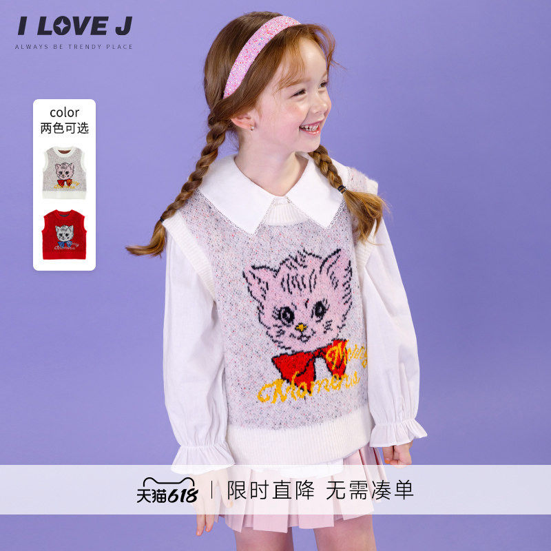 ILOVEJ童装韩系复古女童针织马甲春秋儿童猫咪毛衣坎肩/JWFTO58