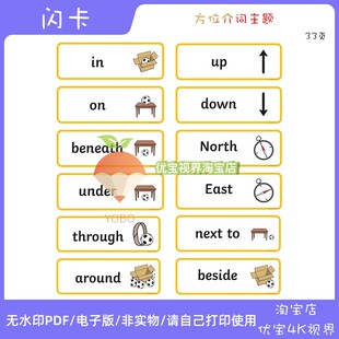 F13英语早教启蒙素材 10套方位介词类主题词汇闪卡片教具电子版