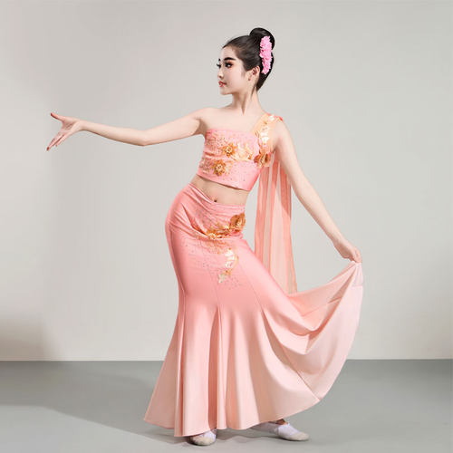 傣族服装女半身裙孔雀舞儿童演出服独舞成人舞蹈服艺考单肩鱼尾裙