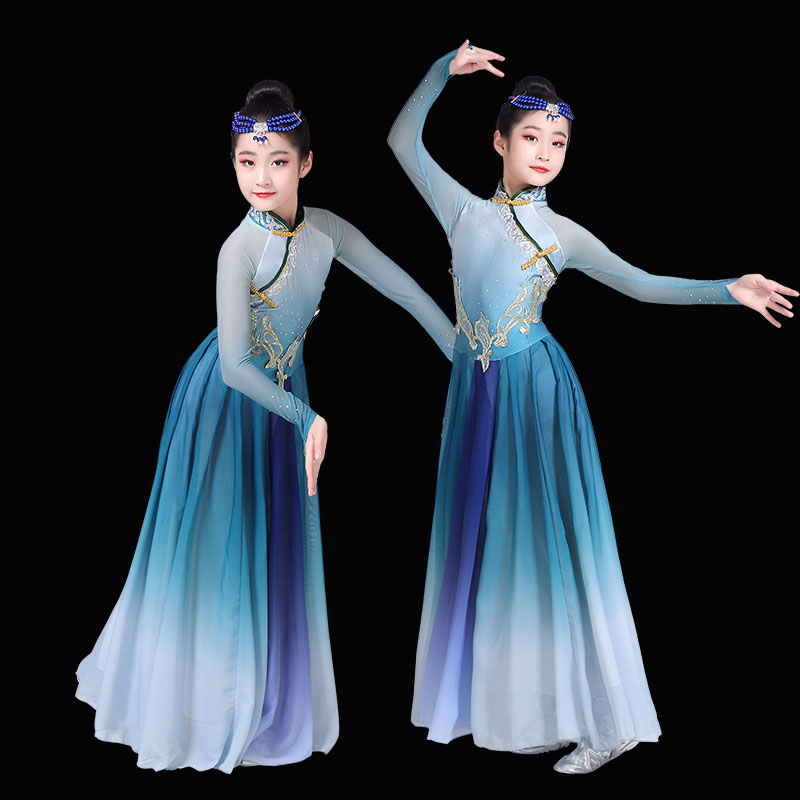 蒙古舞蹈演出服儿童女天边现代民族风服装大摆裙练习裙蒙族丽人袍