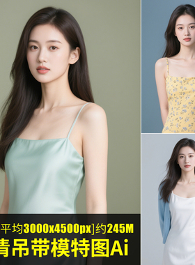 高清吊带模特图Ai红色蓝色粉色吊带清新纯色背景人物png格式图片