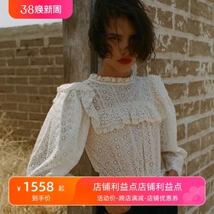 现货折扣 DOEN衬衫 法式圆领蕾丝镂空花边上衣荷叶边下摆长袖衬衫