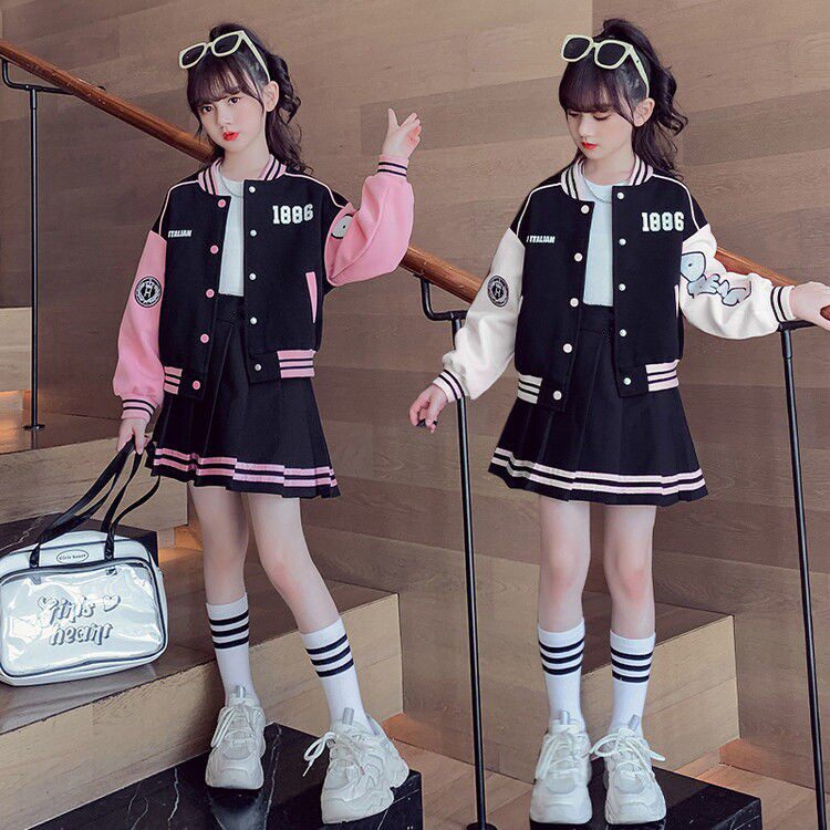 品牌专柜女童学院风套装裙子春秋季新款大童外套女孩棒球服两件套