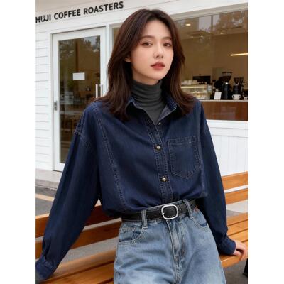 深蓝色覆古牛仔衬衫女内