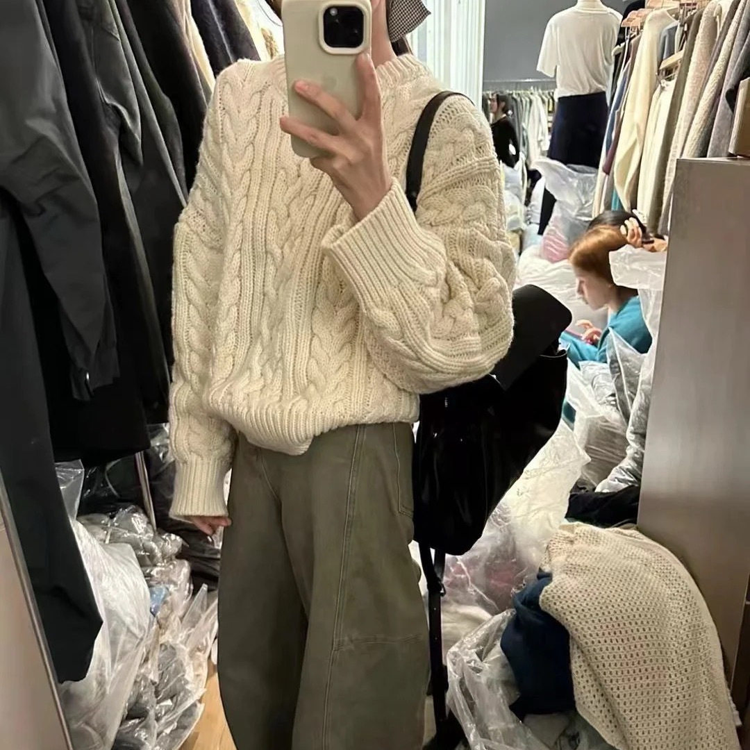 TR韩系休闲时尚加厚圆领麻花毛衣女秋冬新款气质套头针织衫上衣