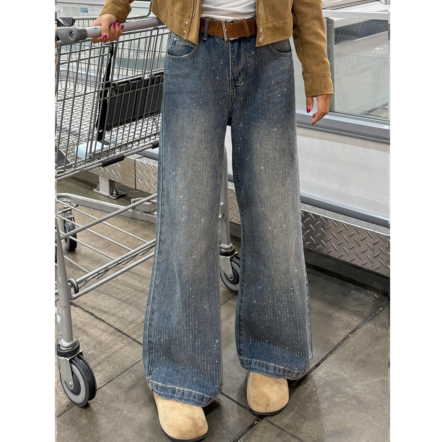 复古蓝烫钻阔腿牛仔裤女秋冬新款加绒高腰宽松显瘦小个子直筒裤子