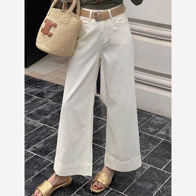 米白色牛仔裤女春秋高腰