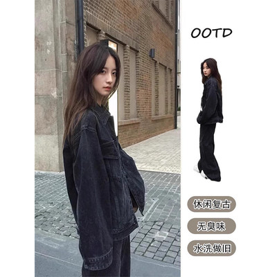 春季黑色牛仔外套女款韩