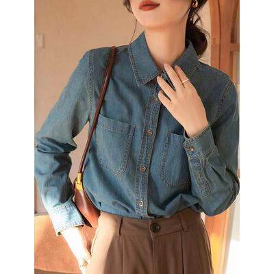 覆古做旧正肩牛仔衬衫女
