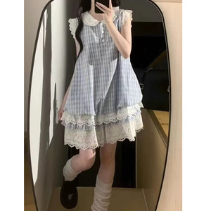 甜美小飞袖蓝色连衣裙女