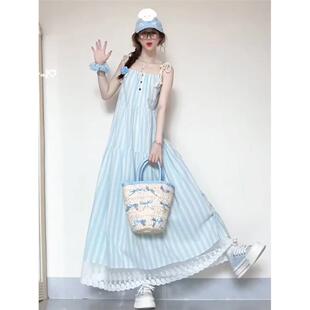 法式蓝色条纹吊带连衣裙子女夏季新款2026年小个子海边度假风长裙