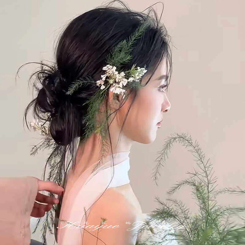 超仙美新娘文竹绿草造型花环花朵头饰森系发夹简约大气结婚纱配饰