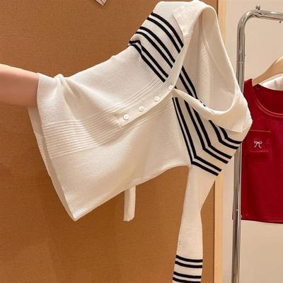 辣妹条纹拼接POLO领纽扣长袖针织衫女2025秋季修身内搭打底衫上衣