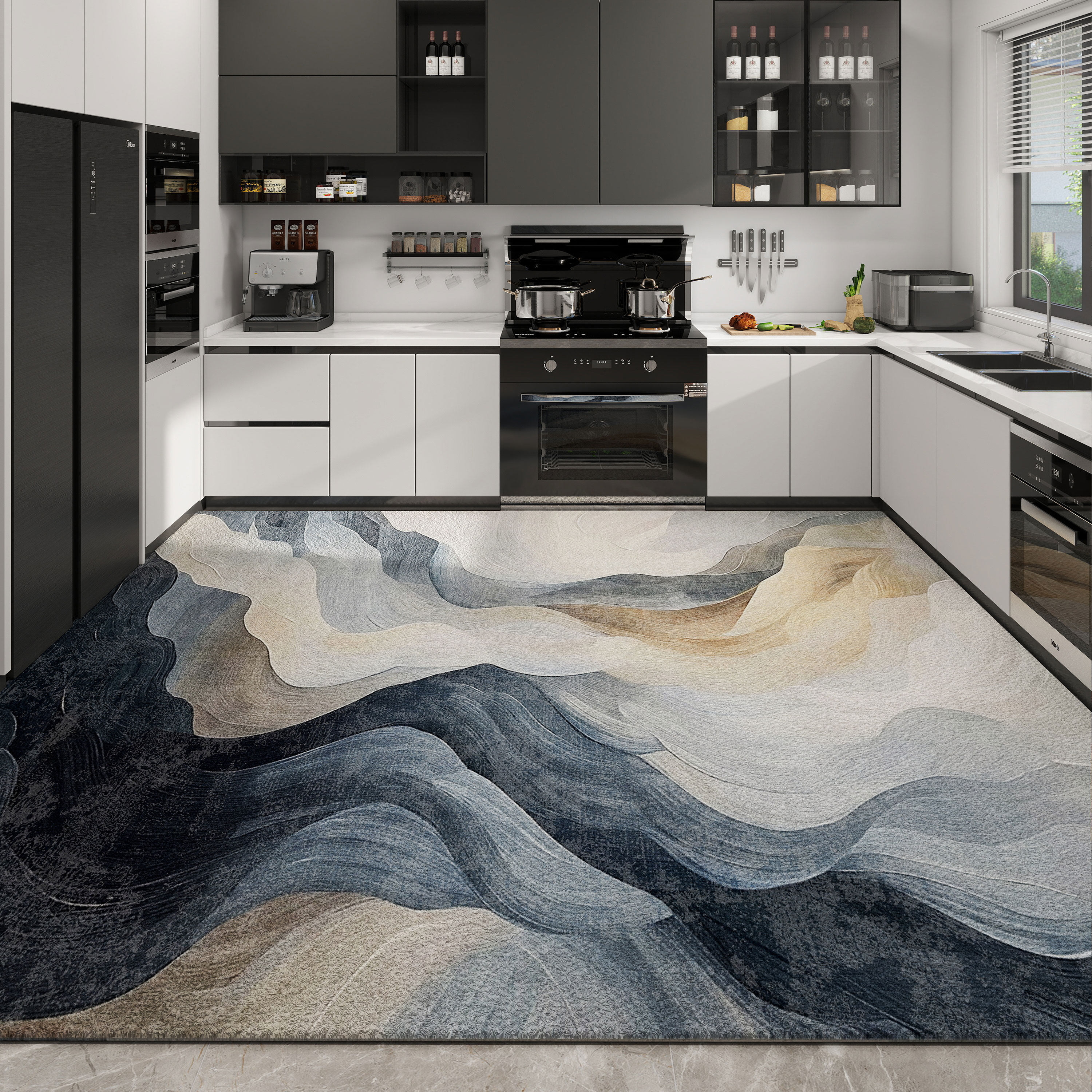 现代简约厨房地垫防滑耐脏免打理高级感抽象艺术地毯家用防油垫子,居家布艺,厨房地垫,淘宝优惠券,粉丝福利购,淘宝优惠卷