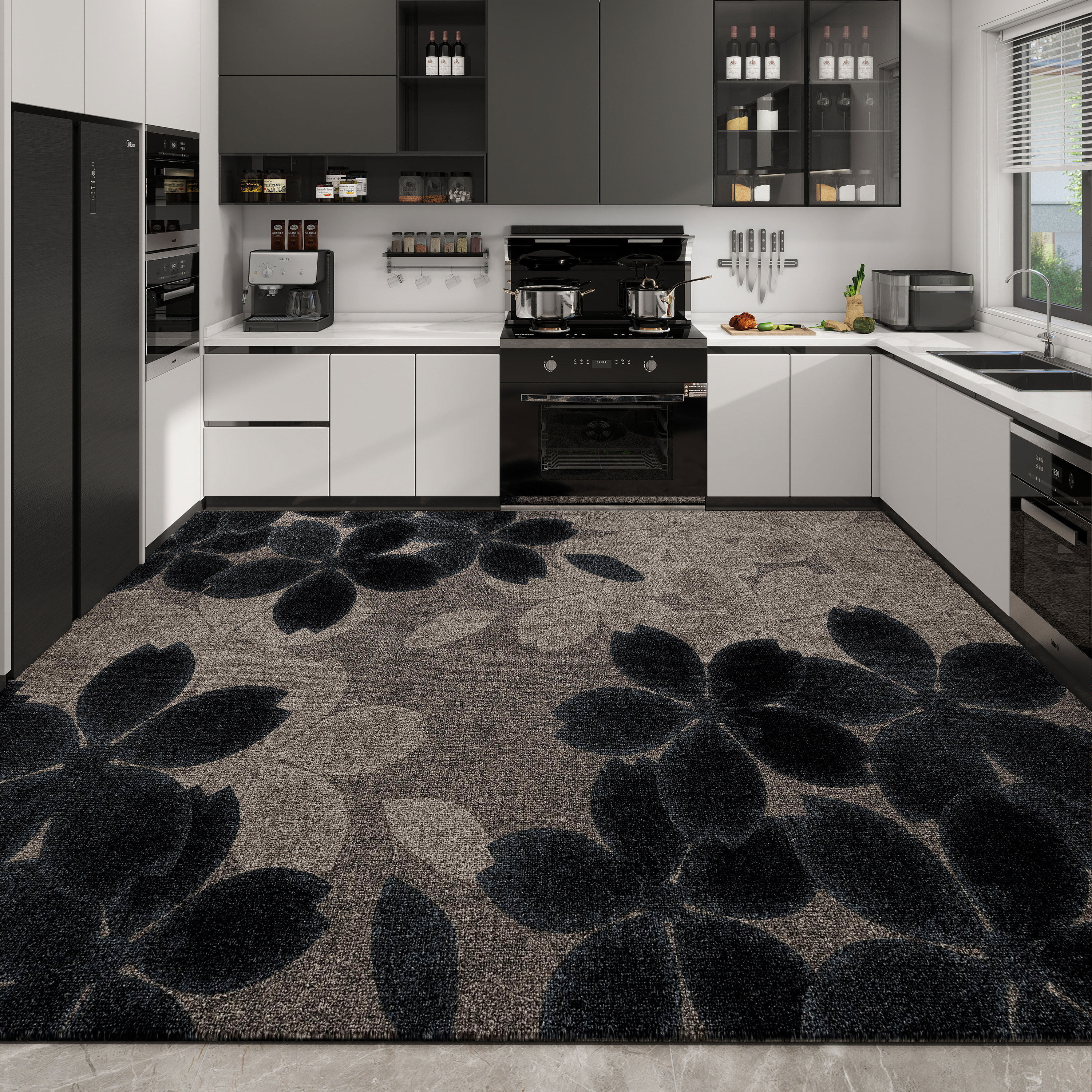 花朵图案厨房地垫防滑耐脏免洗现代简约地毯黑色家用全铺防油垫子,居家布艺,厨房地垫,淘宝优惠券,粉丝福利购,淘宝优惠卷