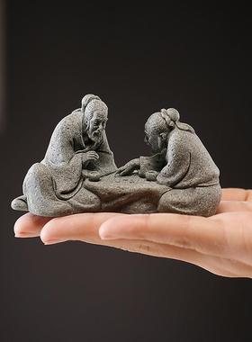 迷你下棋老者创意小摆件青砂石鱼缸桌面造景装饰复古对弈仙翁人物