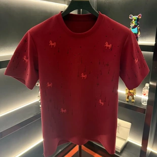 意大利轻奢买手店马上赚钱刺绣图案圆领男士烫钻短袖男款常规T恤
