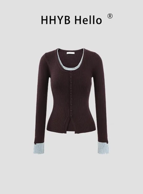 HHYB别来无恙Hello复古假两件撞色抗条针织衫女春季新款U领上衣