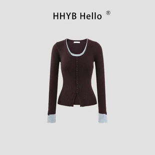 HHYB别来无恙Hello复古假两件撞色抗条针织衫女春季新款U领上衣