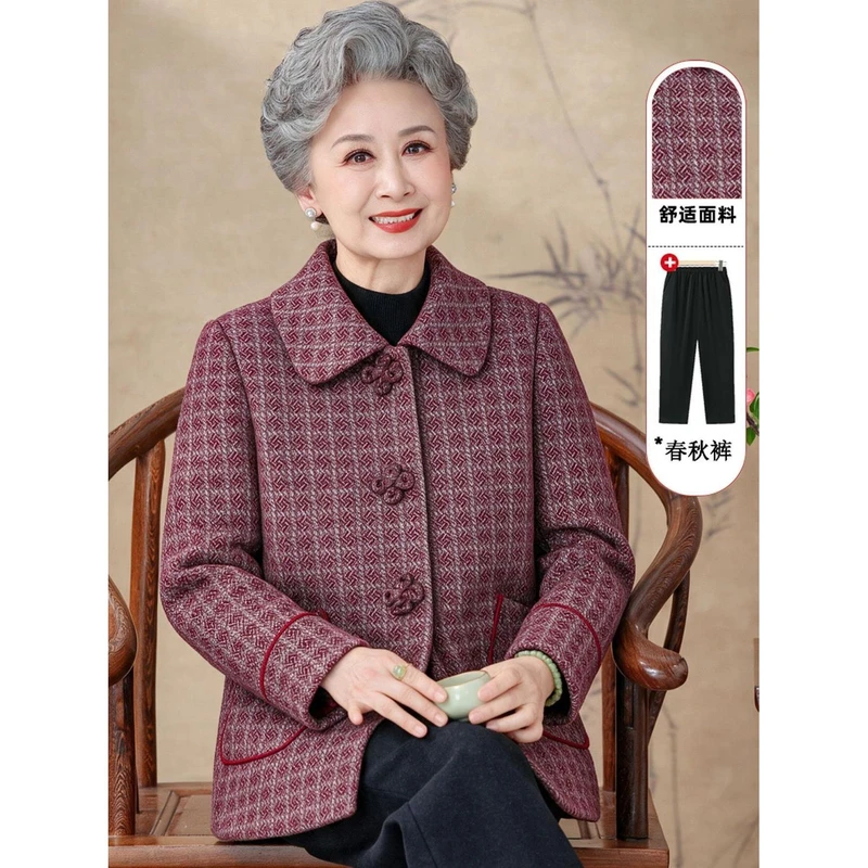 花夫人奶奶秋装格子毛呢外套图片