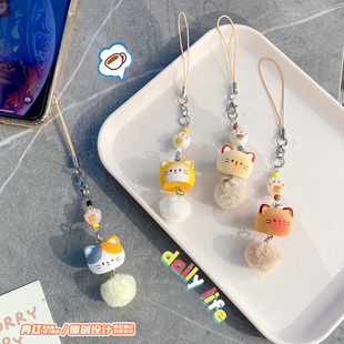 卡通猫咪小鼻噶毛球对装手机挂绳创意迷你公仔儿童书包挂件手机链