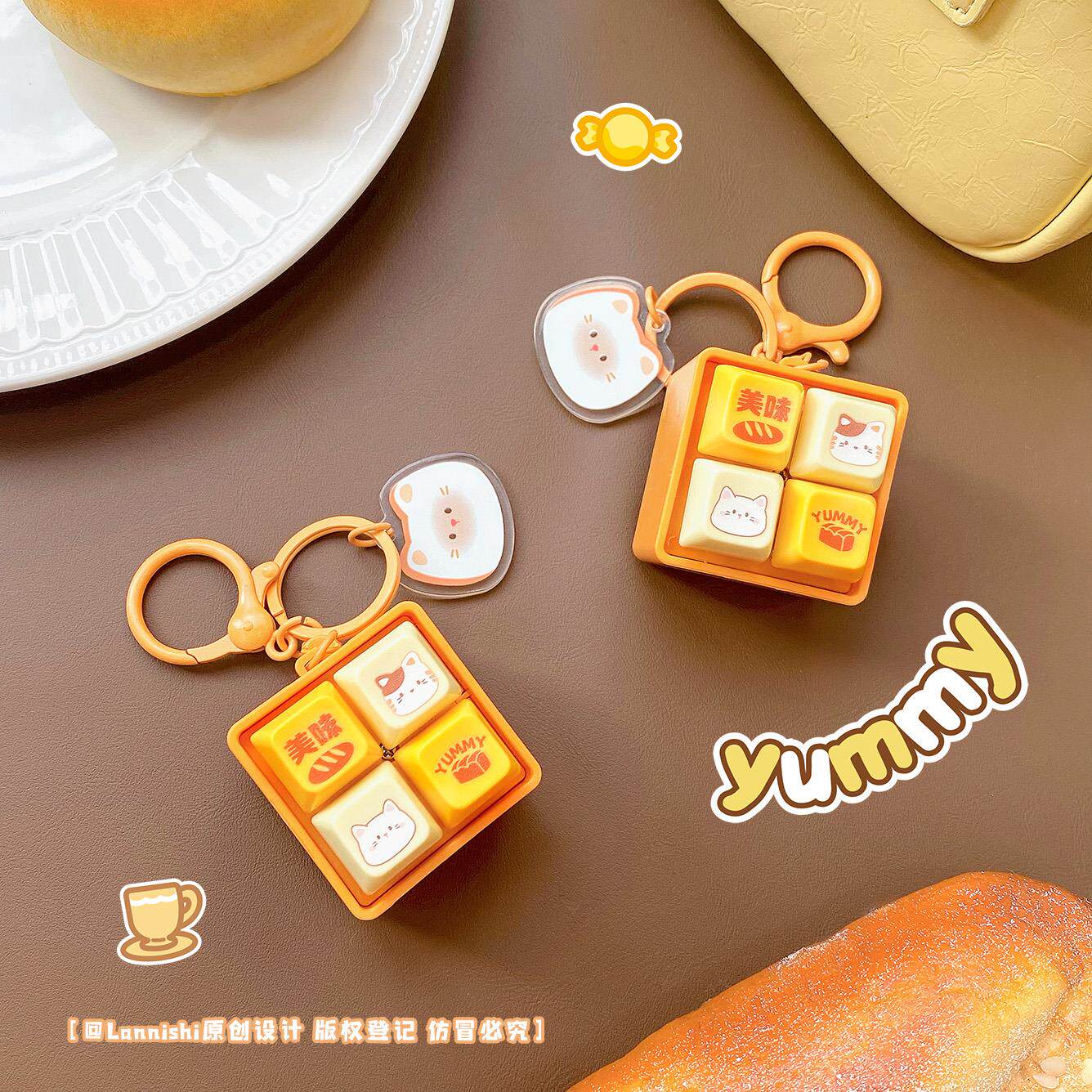 卡通猫咪四宫格按键木鱼钥匙扣趣味音乐发声解压小玩具书包挂件