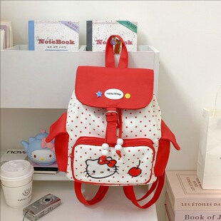 日常休闲红色小猫双肩包学院风大容量背包卡通翻盖女生小波点书包