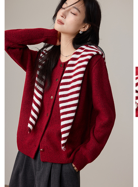 VICTORIA&VERA冬季条纹披肩开衫正红色显白软糯针织氛围感外套