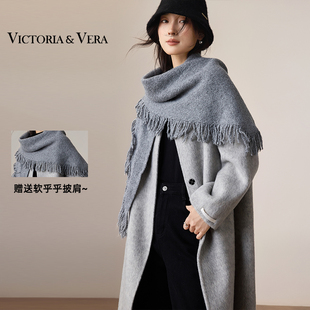 VICTORIA&VERA冬季双面呢大衣宽松暗扣长款赠同色流苏围巾静谧