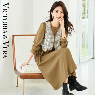 背心圆领气质女式 系列马甲 连衣裙 绣花 VICTORIA&VERA春秋新款