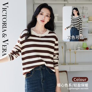 针织衫 长袖 撞色线条花边领纹理毛衣女式 VICTORIA&VERA秋装