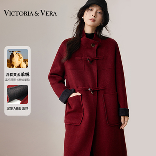VICTORIA&VERA冬季安可拉红撞色袖口双面呢大衣复古牛角扣立领