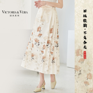 马面裙半身裙 国风水墨玫瑰印花系带一片式 VICTORIA&VERA夏季 新款