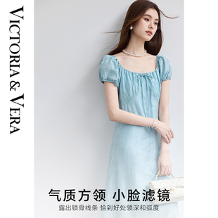 连衣裙女2025新款 收腰显瘦气质高级感A字中长裙子 夏季 方领泡泡袖