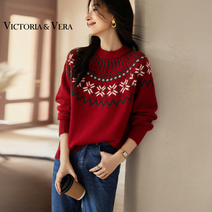 针织衫 VICTORIA&VERA冬季 红色费尔岛复古提花雪花圣诞圆领长袖